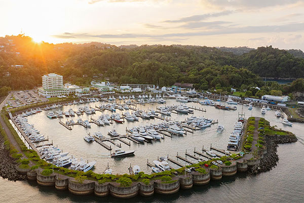 An aerial view at sunrise of Marina Pez Vela in Quepos, Costa Rica